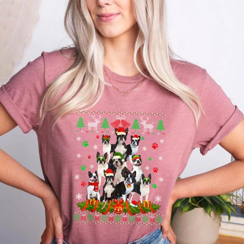 Ugly Sweater Christmas Tree Boston Terrier Dog Xmas Pajama Women's Heather T-Shirt - Bostonterriersmerch.com