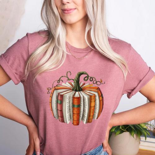 Vintage Book Pumpkin Autumn Fall Librarians Bookworm Teacher Women's Heather T-Shirt - teacherstshirts.com UK