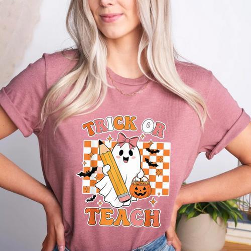 Vintage Teacher Shirt Women Trick Or Teach Halloween Women's Heather T-Shirt - teacherstshirts.com