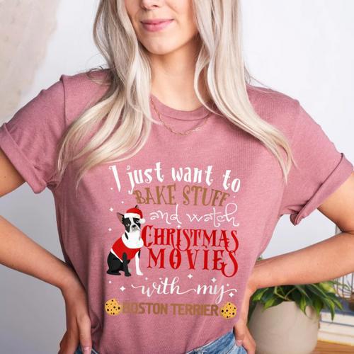 Watch Christmas Movies With My Boston Terrier Bostie Women's Heather T-Shirt - Bostonterriersmerch.com