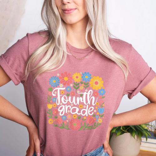 Wildflower 4th Fourth Grade Floral Back To School Teacher Women's Heather T-Shirt - teacherstshirts.com AU