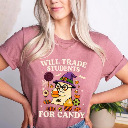 Will Trade Students For Candy Teacher Ghost Halloween Women's Heather T-Shirt - teacherstshirts.com UK