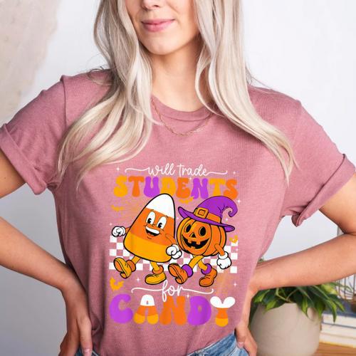 Will Trade Students For Candy Teacher Halloween Women's Heather T-Shirt - teacherstshirts.com