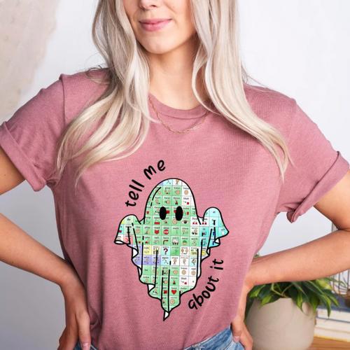 AAC Ghost Tell Me About It Speech Pathology AAC Sped Teacher Women's Heather T-Shirt - teacherstshirts.com DE