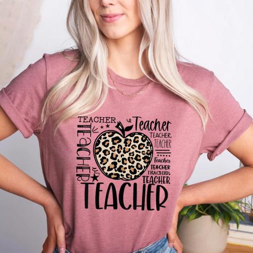 Back To School Teacher Life Apple Leopard Teacher Women Women's Heather T-Shirt - teacherstshirts.com DE