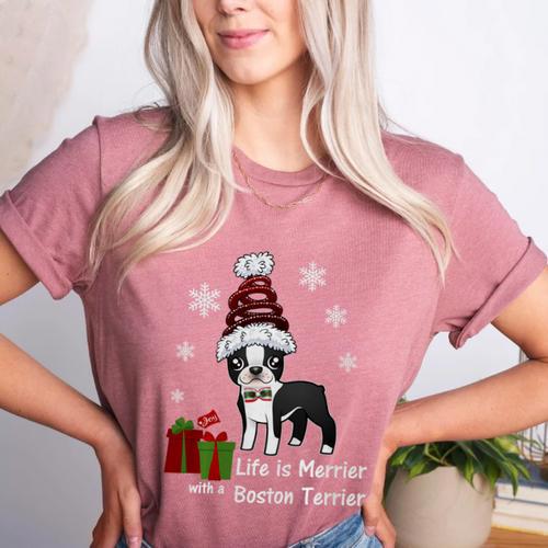 Boston Terrier Christmas T Shirt-Life Is Merrier Premium Tri-Blend Women's Heather T-Shirt - Bostonterriersmerch.com