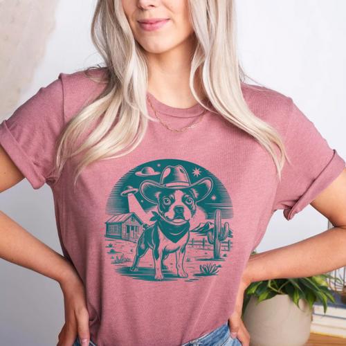 Boston Terrier Cowboy UFO Shirt Vintage Western Dog Mom Tee Women's Heather T-Shirt - Bostonterriersmerch.com