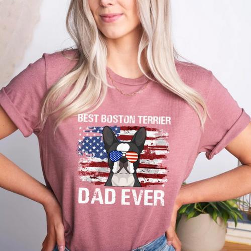 Boston Terrier Dad American Flag 4th Of July Dog Fathers Day Women's Heather T-Shirt - Bostonterriersmerch.com