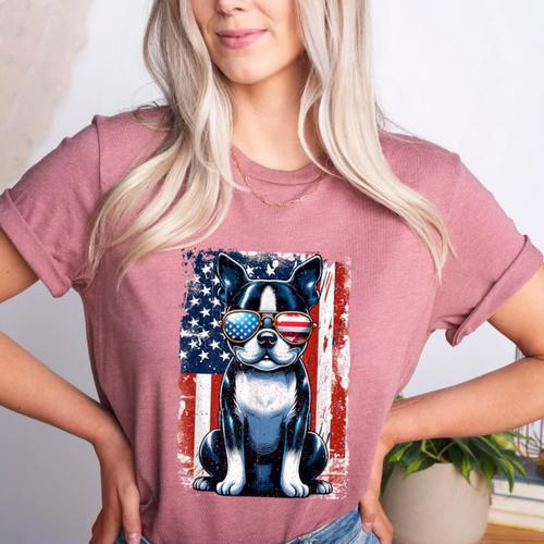 Boston Terrier Dog American USA US Flag Pets Vintage Outfit Women's Heather T-Shirt - Bostonterriersmerch.com