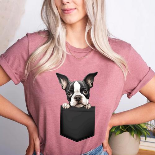 Boston Terrier Dog Puppy Dog In Pocket Cute Pet Lover Women's Heather T-Shirt - Bostonterriersmerch.com