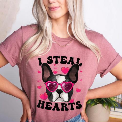 Boston Terrier Heart Glasses Girls Bostie Valentines Day Women's Heather T-Shirt - Bostonterriersmerch.com