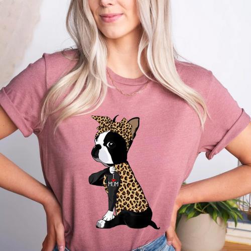 Boston Terrier Lover I Love Mom Tattoo Leopard Women's Heather T-Shirt - Bostonterriersmerch.com