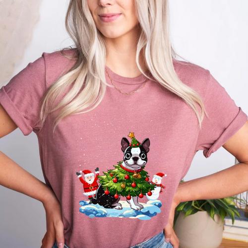Boston Terrier Merry Christmas Tree Lights Dog X-Mas Dogs Women's Heather T-Shirt - Bostonterriersmerch.com