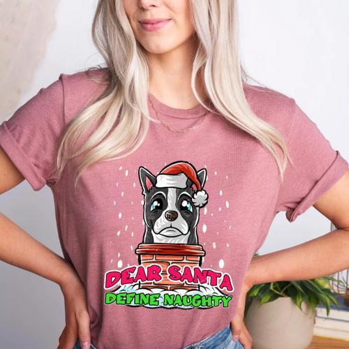 Boston Terrier Santa Claus Christmas Dog Women's Heather T-Shirt - Bostonterriersmerch.com