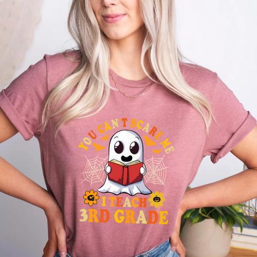 You Cant Scare Me I Teach 3rd Grade Teacher Halloween Women's Heather T-Shirt - teacherstshirts.com CA