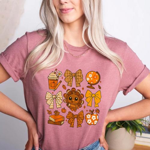 Coquette Teach Teacher Bows Thanksgiving Turkey Fall Autumn Women's Heather T-Shirt - teacherstshirts.com AU