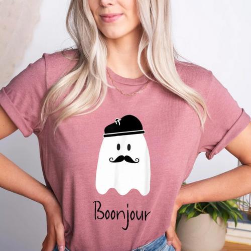 French Teacher Halloween Bonjour Ghost Women's Heather T-Shirt - teacherstshirts.com