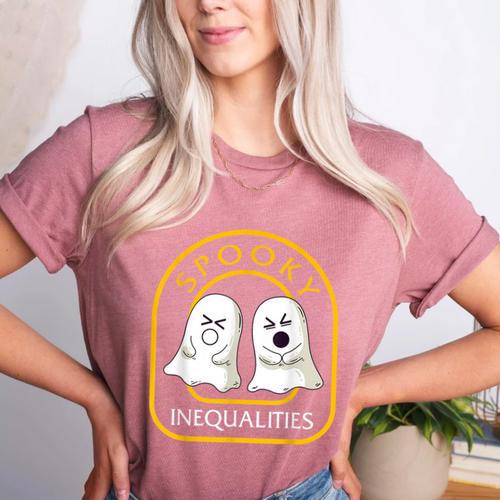 Halloween Math Teacher Cottagecore Spooky Inequalities Ghost Women's Heather T-Shirt - teacherstshirts.com