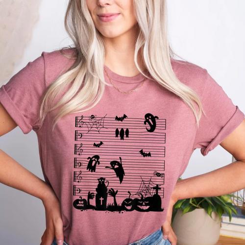 Halloween Music Note Clefs Spooky Ghost For Music Teacher Women's Heather T-Shirt - teacherstshirts.com UK