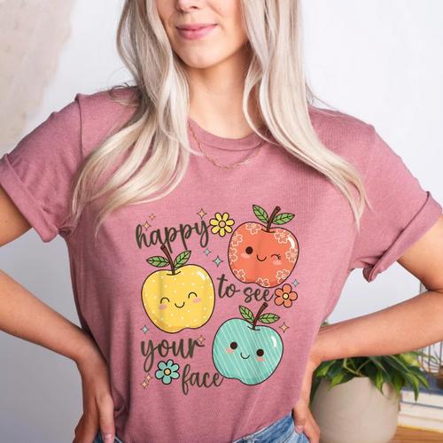 Happy To See Your Face Teacher Apple Women's Heather T-Shirt - teacherstshirts.com