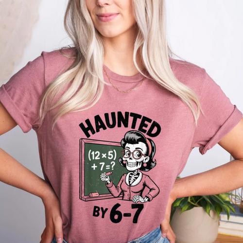 Haunted 67 Skeleton Math Teacher Halloween Costume Math Pun Women's Heather T-Shirt - teacherstshirts.com UK