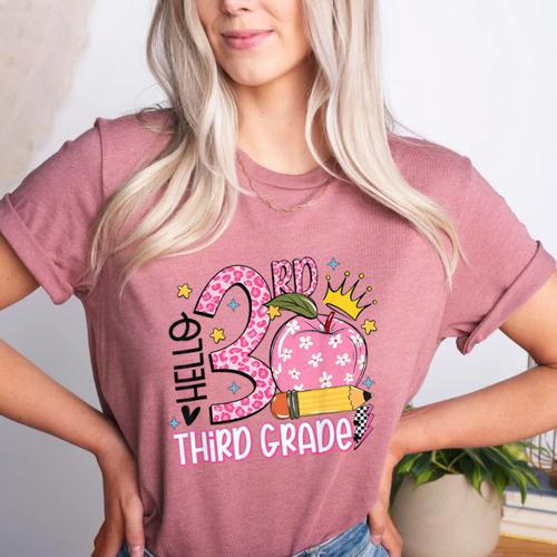 Hello 3rd Third Grade Back To School Pink Leopard Teacher Women's Heather T-Shirt - teacherstshirts.com AU