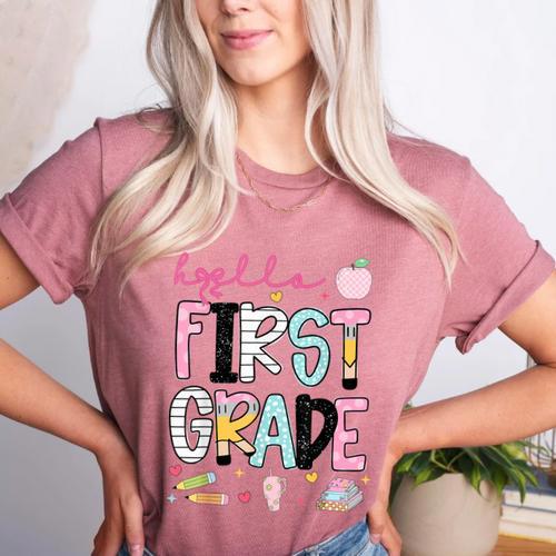 Hello First Grade Teacher Coquette Pencil Bow Back To School Women's Heather T-Shirt - teacherstshirts.com DE
