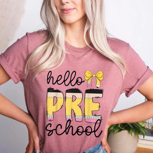 Hello Pre-K Preschool Back To School First Day Teacher Kids Women's Heather T-Shirt - teacherstshirts.com AU