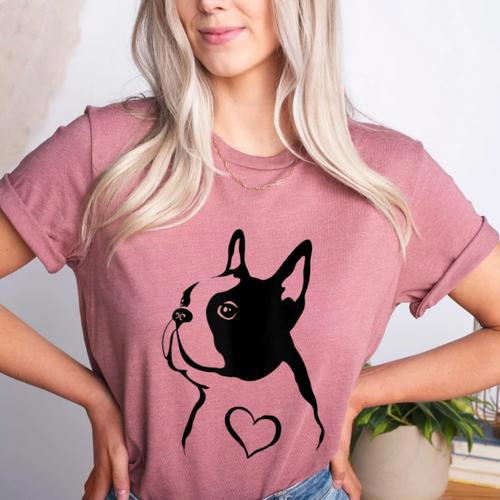 I Love My Boston Terrier Dog With Heart Women's Heather T-Shirt - Bostonterriersmerch.com