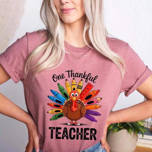 One Thankful Teacher Thanksgiving TurkeyCute Pencil Women's Heather T-Shirt - teacherstshirts.com