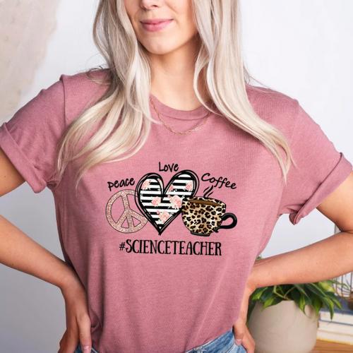 Peace Love Coffee Science Teacher Women's Heather T-Shirt - teacherstshirts.com