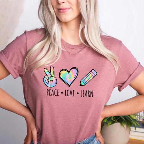 Peace Love Learn Tie Dye Teacher Kids 100th Days Of School Women's Heather T-Shirt - teacherstshirts.com AU