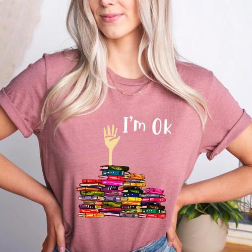 Reading Books Librarian Reader Nerd I'm Ok Teacher School Women's Heather T-Shirt - teacherstshirts.com UK