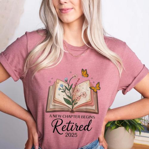 Retired 2025 A New Chapter Begins Retirement Teacher Book Women's Heather T-Shirt - teacherstshirts.com UK
