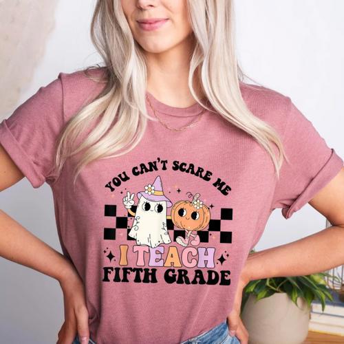 Retro You Can't Scare Me I Teach 5th Grade Teacher Halloween Women's Heather T-Shirt - teacherstshirts.com