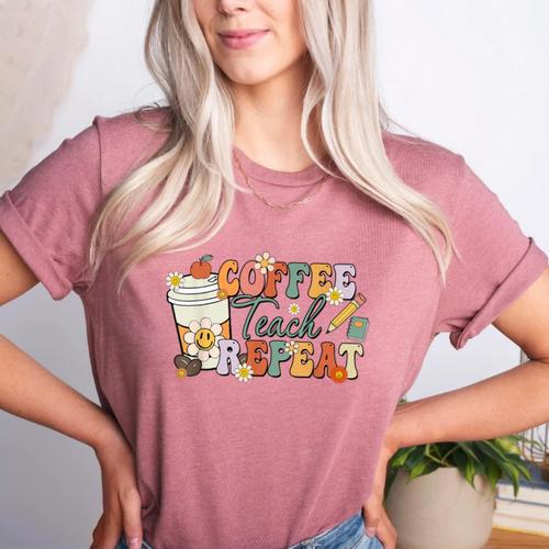 Retro Grovvy Coffee Teach Repeat Teacher Women's Heather T-Shirt - teacherstshirts.com UK