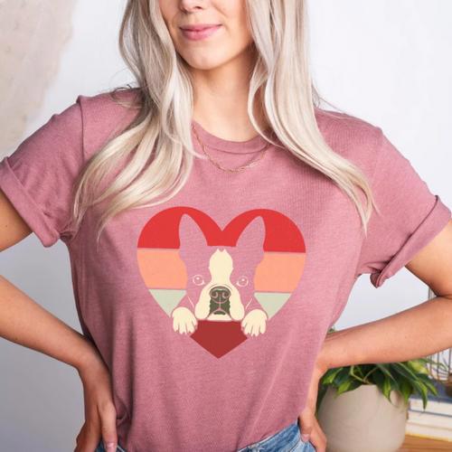 Retro Heart Boston Terrier Dog Vintage Valentine Women's Heather T-Shirt - Bostonterriersmerch.com
