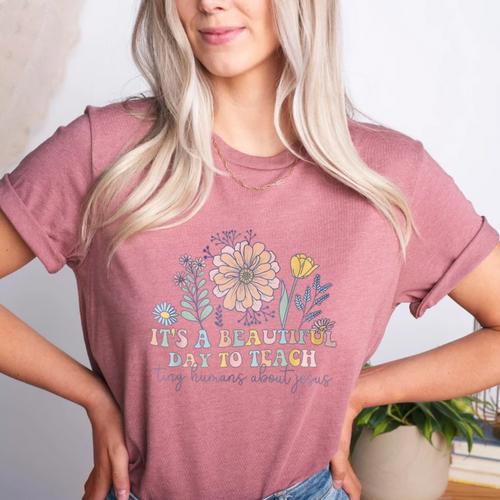 Retro I Teach Tiny Humans About Jesus Christian Teacher Women's Heather T-Shirt - teacherstshirts.com UK