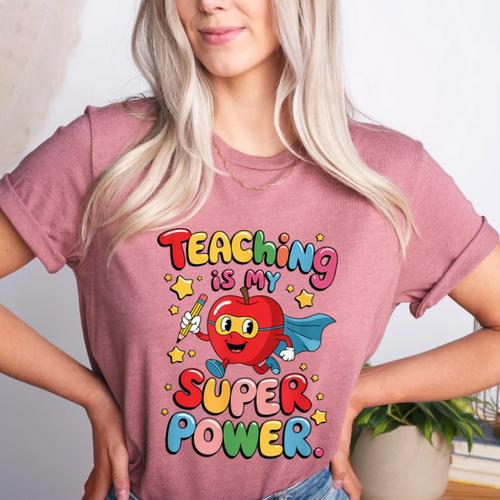 Retro Teaching Is My Superpower Apple Teacher Appreciation Women's Heather T-Shirt - teacherstshirts.com AU