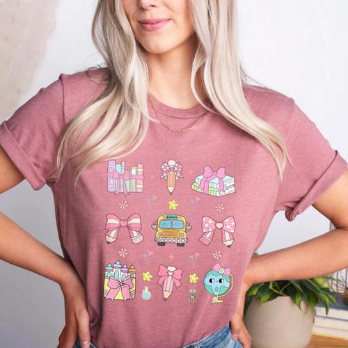 School Pencils And Bows Teacher Bow Coquette Pencil Girls Women's Heather T-Shirt - teacherstshirts.com DE