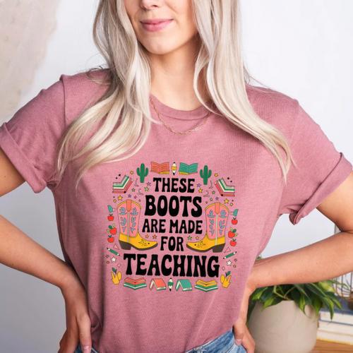 These Boots Are Made Teaching Western Cowboy Teacher Women's Heather T-Shirt - teacherstshirts.com CA