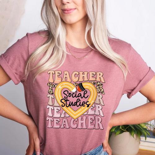 Social Studies Teacher Pencil Heart Leopard Back To School Women's Heather T-Shirt - teacherstshirts.com AU