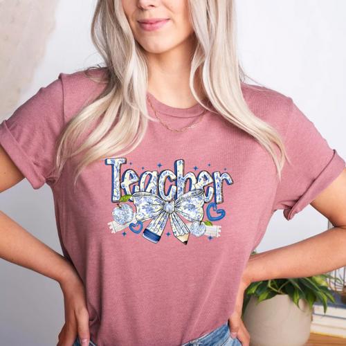 Teacher Blue Chinoiserie Coquette Bow Heart Teacher Life Women's Heather T-Shirt - teacherstshirts.com UK