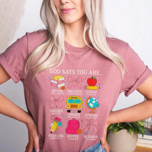 Teacher Christian God Says I Am Faith Religious Bible Verse Women's Heather T-Shirt - teacherstshirts.com