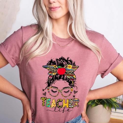 Teacher Life Messy Bun Glasses Leopard Sunflower Women's Heather T-Shirt - teacherstshirts.com CA