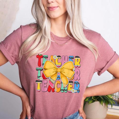 Teacher Pencil Coquette Bow Back To School Teacher Women's Heather T-Shirt - teacherstshirts.com DE