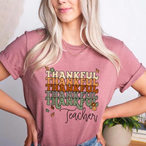 Thankful Teacher Thanksgiving Fall Pumpkin Turkey Women's Heather T-Shirt - teacherstshirts.com UK