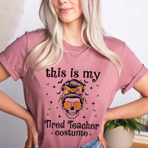 This Is My Tired Teacher Costume Skull Halloween Messy Bun Women's Heather T-Shirt - teacherstshirts.com DE