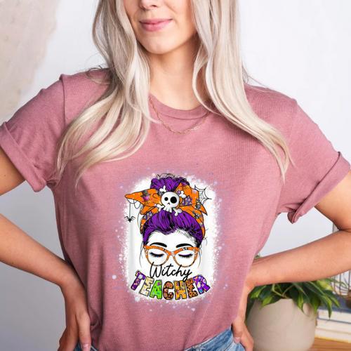 Witchy Teacher Halloween Messy Bun Teacher Bleached Women's Heather T-Shirt - teacherstshirts.com