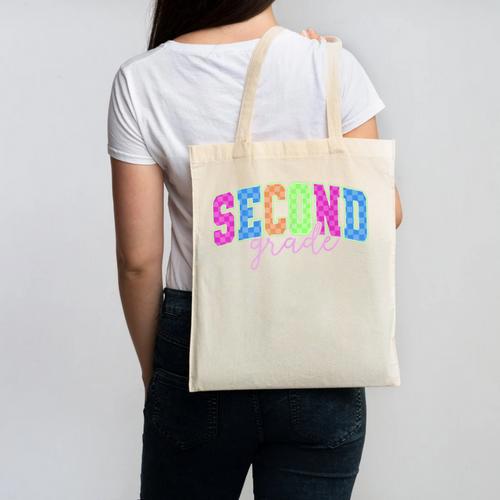 Back To School Neon Checkered Second Grade Colorful Teacher Canvas Tote Bag - teacherstshirts.com CA